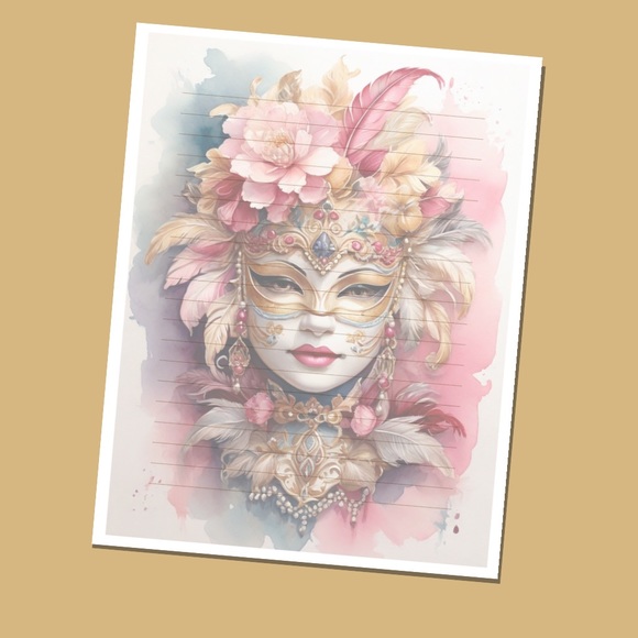Whimsical Feathers Other - Masquerade Design 1 - Lined Stationery Paper (25 Sheets) 8.5 x 11 Premi…